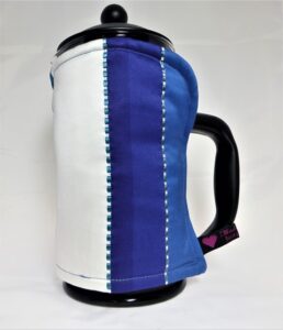 blue striped 8 cup cafetiere cosy